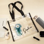 Bouquet de fleurs de naissance personnalisé dans un sac fourre-tout transparent avec nom Cadeau de mariage et d'anniversaire pour les femmes