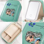 Personalized Cartoon Fashion Girl Birth Flower Leather Jewellery Box with Name and LED Three-colour Adjustable Makeup Mirror Birthday Gift for Women