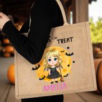 Bruja Vampiro Truco o Trato Bolsa de yute de gran capacidad personalizada con nombre Regalo de Halloween para niños