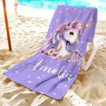Personlig strandhandduk med namn snabbtorkande extra stor med enhörningsmotiv perfekt för flickor och sommarresor
