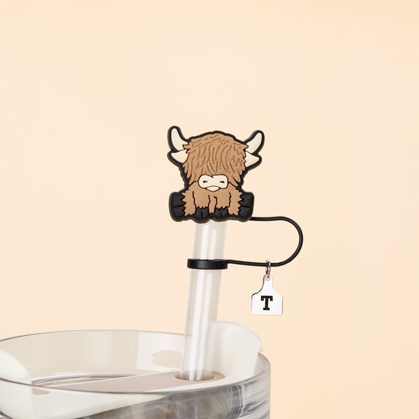 Personalized Cute Highland Cow Reusable Straw Cover Topper with Engraved Initial Charm Accessories for Stanley Birthday Gift for Highland Cow Lovers