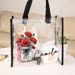 Bouquet de fleurs de naissance personnalisé dans un sac fourre-tout transparent avec nom Cadeau de mariage et d'anniversaire pour les femmes