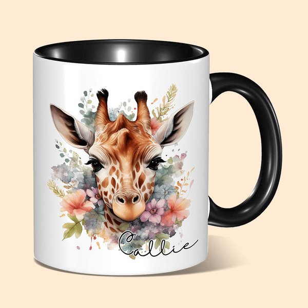 Tasse à café en céramique multicolore personnalisée avec nom Girafe florale 11oz Cadeau d'anniversaire pour la famille