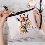 Personalised Watercolour Floral Giraffe Makeup Bag with Name and Wrist Strap Travel Accessory Daily Use Birthday Gift for Women