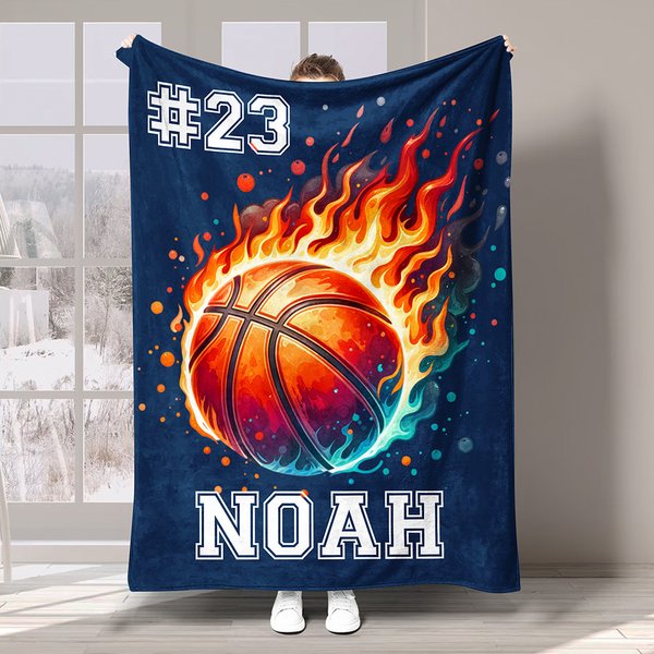 Personalised Flaming Basketball Football Sports Ball Design Soft Throw Blanket with Name and Number Birthday Match Day Gift for Team Ball Games Lovers