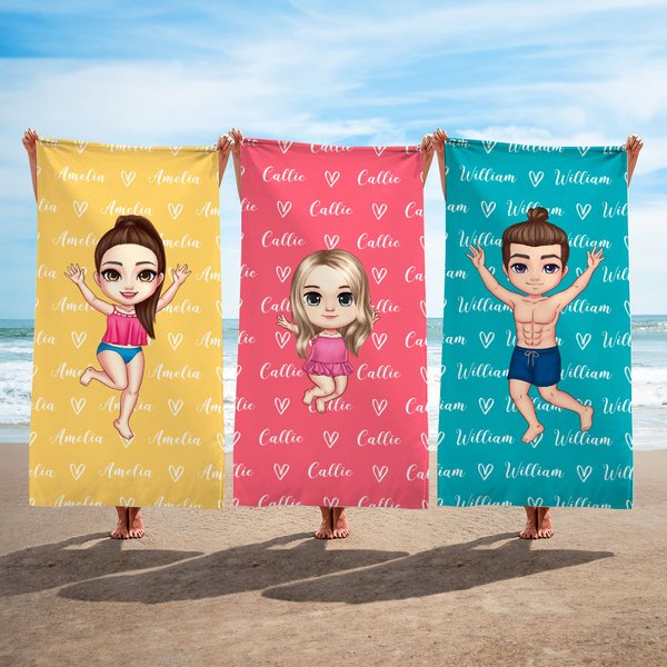 Toalla de playa personalizada de gran tamaño y secado rápido con el nombre del corazón de un personaje de dibujos animados Regalo de cumpleaños esenci