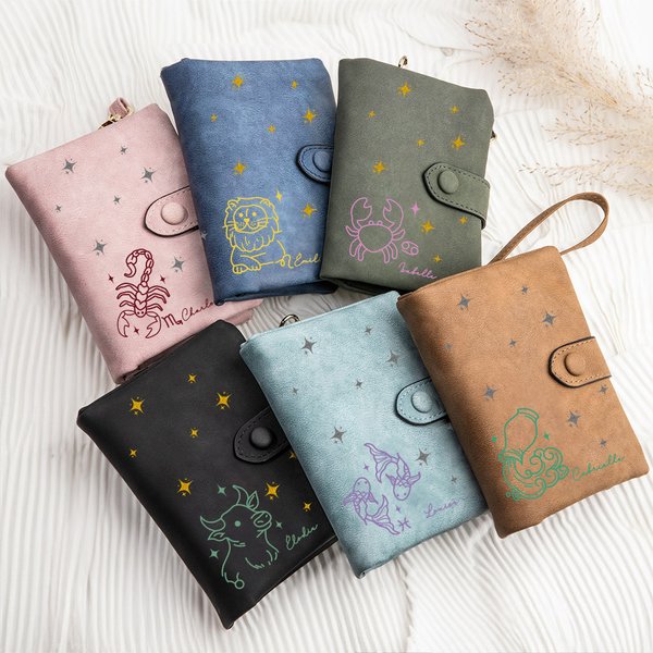 Personalizado a mano estilo dibujado Zodiaco cielo estrellado billetera con el nombre del animal encarnación constelación cumpleaños aniversario de vacaciones de regalo para ella