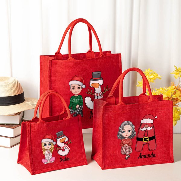 Sac Rouge en Jute Personnalisé avec Nom Initiale Personnage Cadeau de Noël Fêtes de la Fin d'Année pour Enfant Famille
