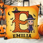 Personalizada de dibujos animados bruja vampiro suave almohada cubierta con la inicial y el texto decoración del hogar Halloween regalo para niños niñ
