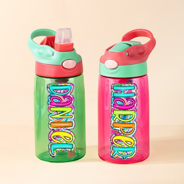 Personalisierte Paisley Floral Doodle Letter 475 ml Kind Wasserflasche mit Griff Silikon Stroh Geburtstag zurück zu Schule Geschenk für Jungen Mädchen