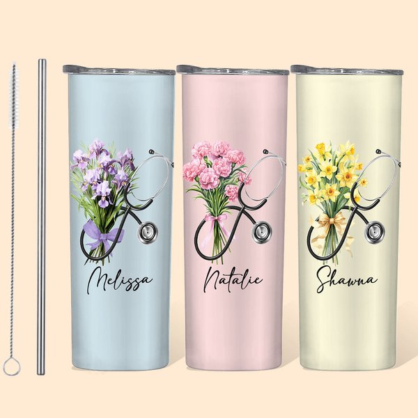 Personalisierte Stethoskop Geburt Blumenstrauß Name 20oz Skinny Becher mit Strohhalm Anerkennung Graduierung Geschenk für Krankenschwester Arzt medizi
