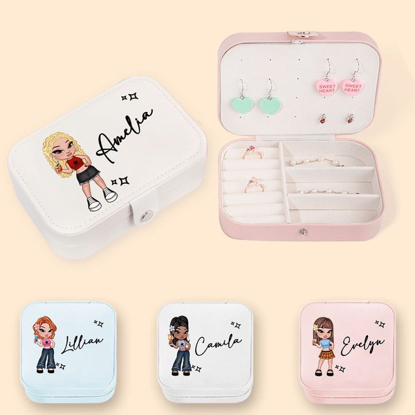 Personalised Portable Y2K Cartoon Character Leather Jewellery Box with Name Birthday Mother's Day Accessory Gift for Women Girls