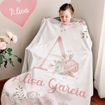 Personalised Pink Floral Soft Throw Blanket with Initial and Name Birthday Baby Shower Gift for Baby Girls