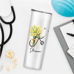 Personalized Stethoscope Birth Flower Bouquet Name 20oz Skinny Tumbler with Straw Appreciation Graduation Gift for Nurse Doctor Medical Staff