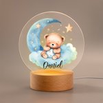 Veilleuse LED Acrylique Personnalisée avec Nom Style Bébé Ourson Endormi Décoration de Chambre avec Socle en Bois Cadeau Noël pour Garçons et Filles