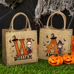 Spersonalizowana torba na zakupy z juty z imieniem i inicjałem na Halloween dla chłopców i dziewczynek
