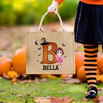 Spersonalizowana torba na zakupy z juty z imieniem i inicjałem na Halloween dla chłopców i dziewczynek
