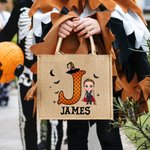 Spersonalizowana torba na zakupy z juty z imieniem i inicjałem na Halloween dla chłopców i dziewczynek