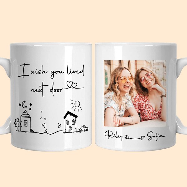 Gepersonaliseerde I Wish You Lived Next Door Keramische Koffiemok met Foto en Naam Vriendschap Lange Afstand Cadeau voor Vrienden Paar