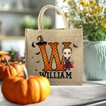 Spersonalizowana torba na zakupy z juty z imieniem i inicjałem na Halloween dla chłopców i dziewczynek