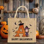 Spersonalizowana torba na zakupy z juty z imieniem i inicjałem na Halloween dla chłopców i dziewczynek