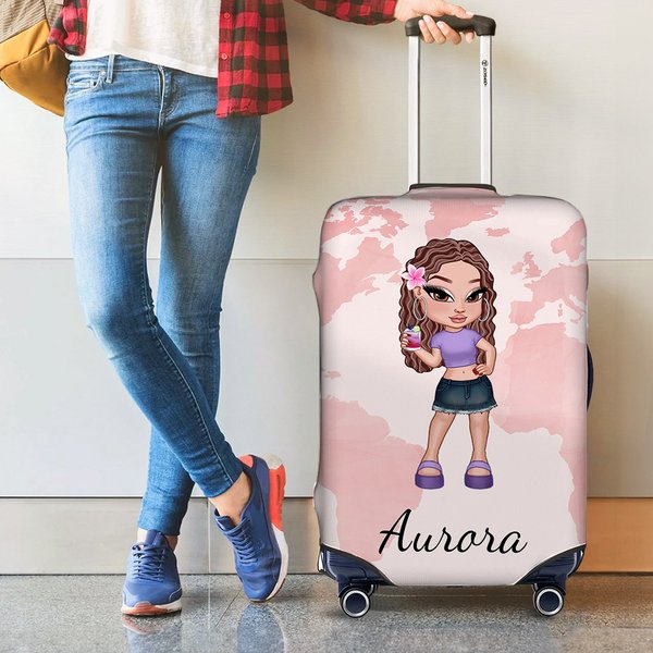 Personalised Y2K Style Cartoon Character 18-32 Inches Luggage Cover with Name and World Map Birthday Travel Accessories Gift for Women Girls