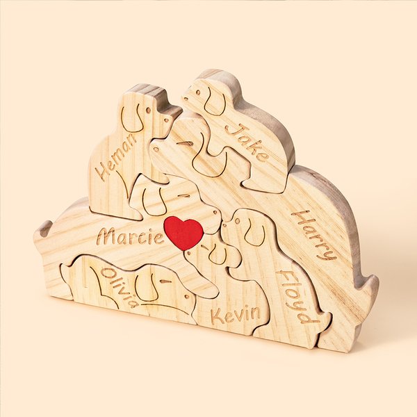 Personalized Wooden Cute Love Hug Dog Puzzle with 2-7 Engraved Names Desk Decor Birthday Christmas Anniversary Gift for Family