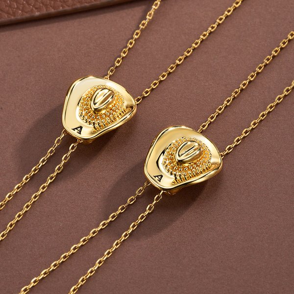 Personalised 3D Western Cowgirl Hat Adjustable Gold Plated Necklace with Engraved Initial Birthday Anniversary Gift for Women