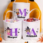 Personalizado lindo personaje de dibujos animados de lona de Halloween Bucket Bag con el nombre y la inicial de Halloween Fiesta de Truco o Trato de r