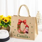 Personalisierte Cartoon-Charakter Weihnachtsschleife Tragetasche mit Namen Initiale Jute-Tasche Tote Bag Weihnachtsgeschenk für Familie Freunde