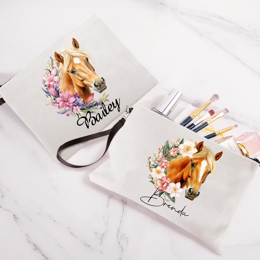 Henkilökohtainen Syntymä Kukka Hevonen syntymämerkki Makeup laukku nimi ja rannehihna Travel Accessory Syntymäpäivä lahja hevonen rakastaja 4