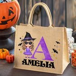Personalizado lindo dibujo animado Bruja Vampiro Skelten Bolsa de yute con el nombre y la inicial Trick or Treat Halloween Party Favors para Niños Niñas