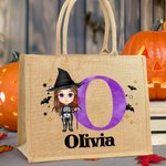 Personalizado lindo dibujo animado Bruja Vampiro Skelten Bolsa de yute con el nombre y la inicial Trick or Treat Halloween Party Favors para Niños Niñas