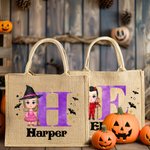 Personalizado lindo dibujo animado Bruja Vampiro Skelten Bolsa de yute con el nombre y la inicial Trick or Treat Halloween Party Favors para Niños Niñas