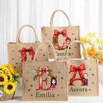 Personalisierte Cartoon-Charakter Weihnachtsschleife Tragetasche mit Namen Initiale Jute-Tasche Tote Bag Weihnachtsgeschenk für Familie Freunde