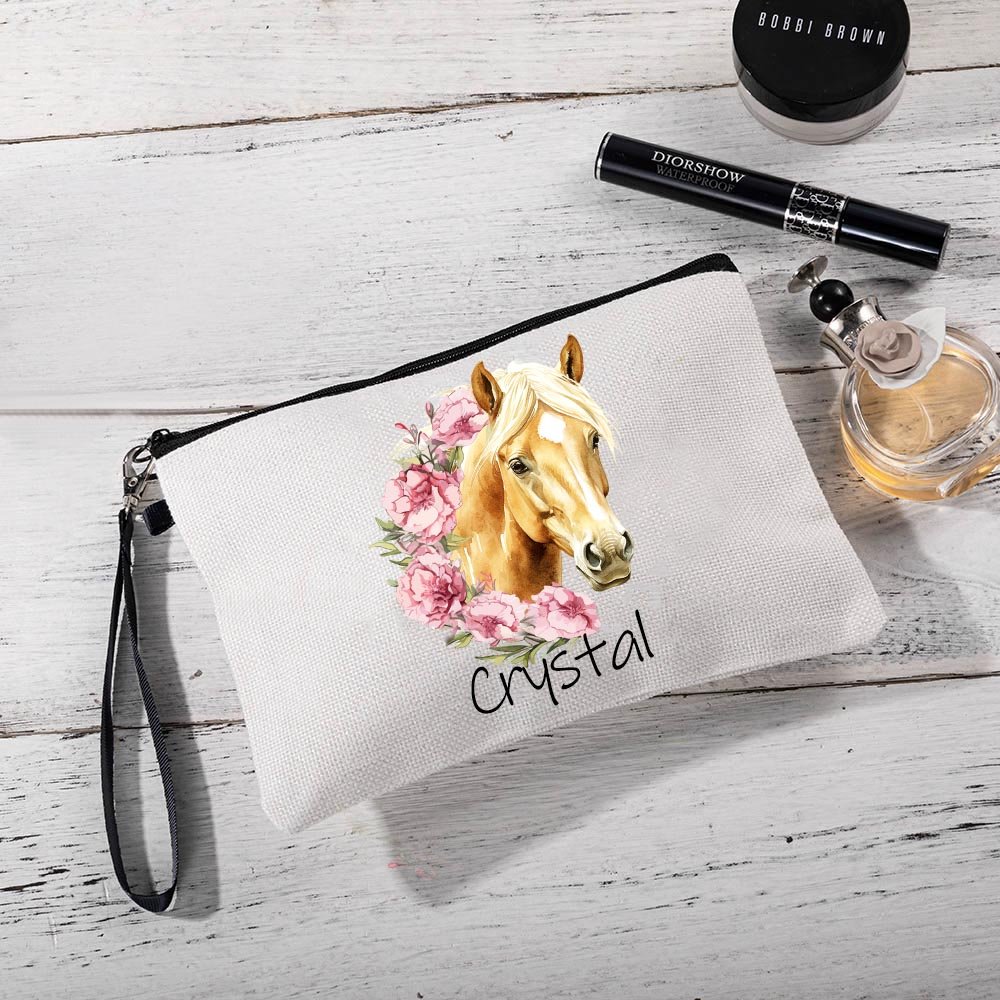 Henkilökohtainen Syntymä Kukka Hevonen syntymämerkki Makeup laukku nimi ja rannehihna Travel Accessory Syntymäpäivä lahja hevonen rakastaja 6