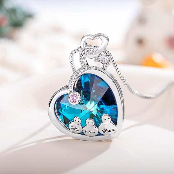 Personalized 1-5 Snowman Family Heart Necklace with Engraved Name and Birthstone Jewellery Adorned with Crystal Birthday Christmas Gift for Women