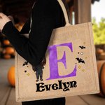 Personalizado lindo dibujo animado Bruja Vampiro Skelten Bolsa de yute con el nombre y la inicial Trick or Treat Halloween Party Favors para Niños Niñas