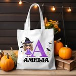 Personalizzato Carino personaggio dei cartoni animati tela Tote Treat Bag con nome e iniziale Dolcetto o scherzetto Halloween Party Favor Gift per i bambini