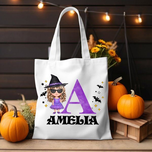 Sac personnalisé en toile avec nom et initiales pour la fête d'Halloween Cadeau pour les enfants