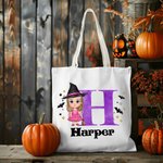 Personalizzato Carino personaggio dei cartoni animati tela Tote Treat Bag con nome e iniziale Dolcetto o scherzetto Halloween Party Favor Gift per i bambini