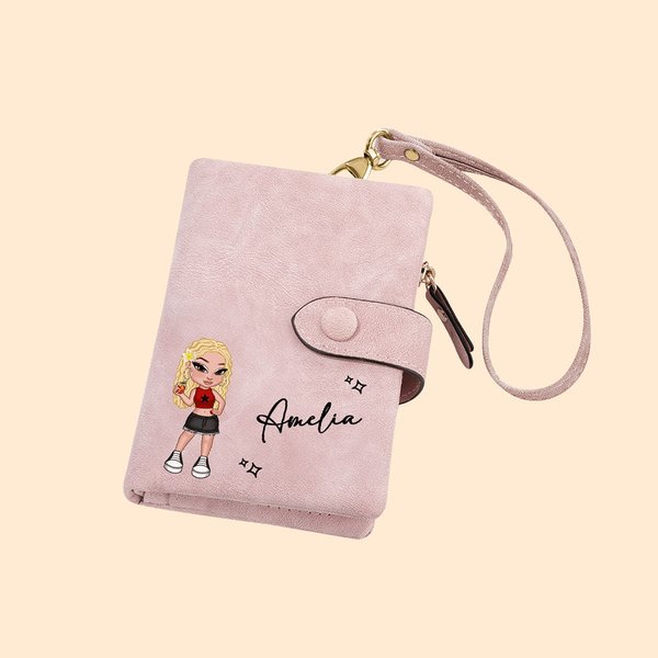Portefeuille Tri-pli en Cuir PU Personnalisé avec Nom et Dessin Animé de Fille Y2K Bracelet Porte-carte Cadeau Noël Anniversaire pour les Femmes