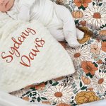 Personalized Boho Flowers Embroidery Name Baby Security Blanket with Dotted Backing Baby Shower Baptism Gift for Newborn