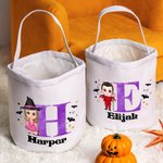 Personalizado lindo personaje de dibujos animados de lona de Halloween Bucket Bag con el nombre y la inicial de Halloween Fiesta de Truco o Trato de r