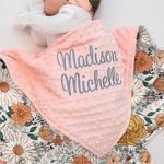 Personalized Boho Flowers Embroidery Name Baby Security Blanket with Dotted Backing Baby Shower Baptism Gift for Newborn