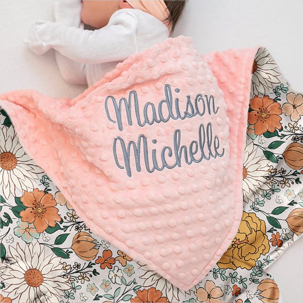 Personalized Boho Flowers Embroidery Name Baby Security Blanket with Dotted Backing Baby Shower Baptism Gift for Newborn