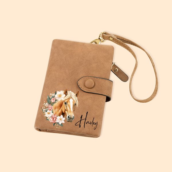 Personlig fødselsblomst Hest Fødselsmerke Tri-Fold PU lær lommebok med kortholder og navn Bursdagsgave til hesteelsker Kvinner