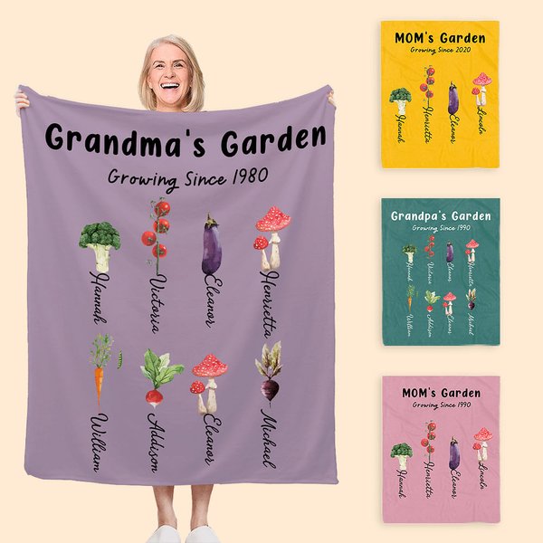 Personalized Multicolour Grandma's Vegetable Garden Throw Soft Blanket with 1-8 Names Mother's Day Birthday Christmas Gift for Mom Grandma