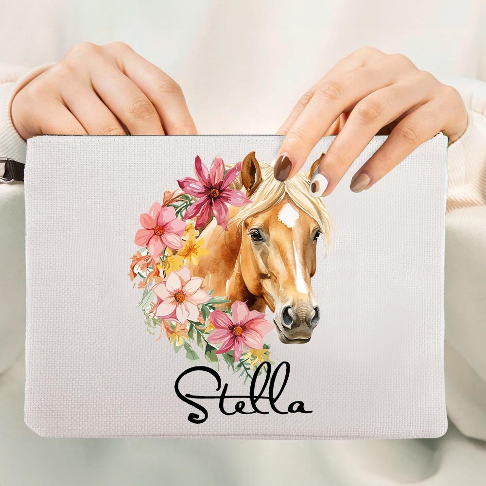 Henkilökohtainen Syntymä Kukka Hevonen syntymämerkki Makeup laukku nimi ja rannehihna Travel Accessory Syntymäpäivä lahja hevonen rakastaja 3