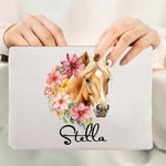 Henkilökohtainen Syntymä Kukka Hevonen syntymämerkki Makeup laukku nimi ja rannehihna Travel Accessory Syntymäpäivä lahja hevonen rakastaja 3